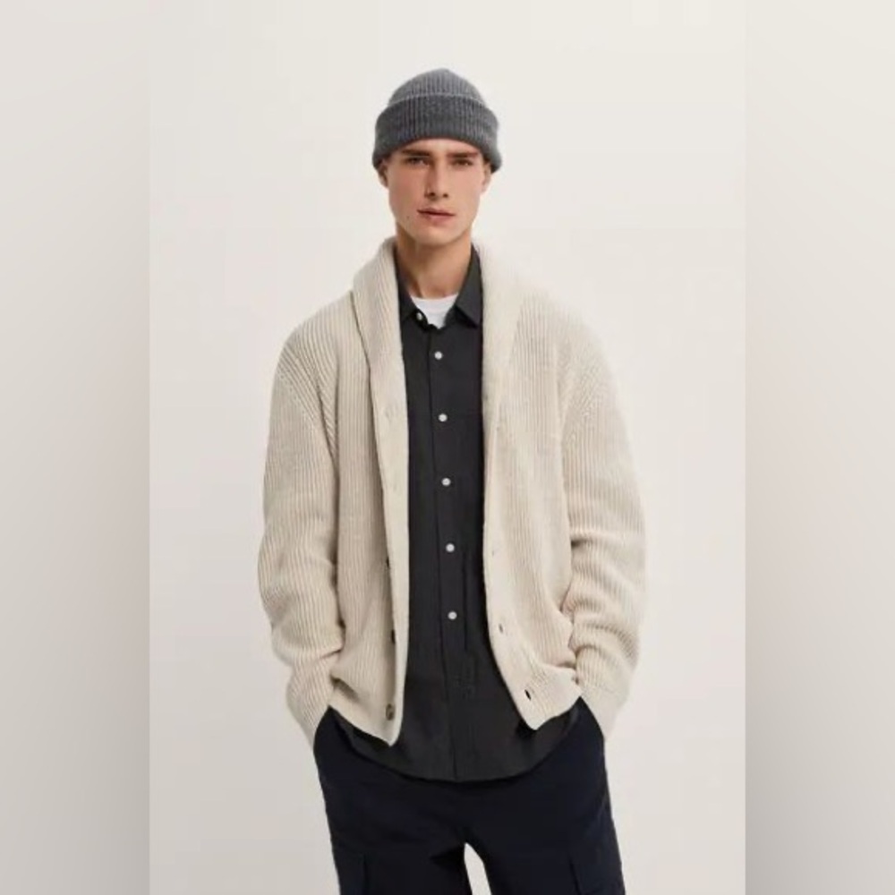 Zara Man Chunky Knit Cardigan Sweater Shawl Collar Beige Medium
